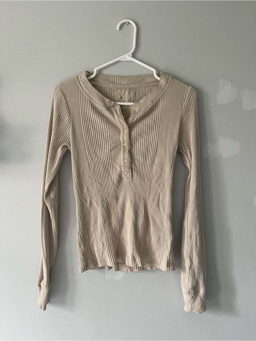 aerie Beige Ribbed Henley Long Sleeve Top
